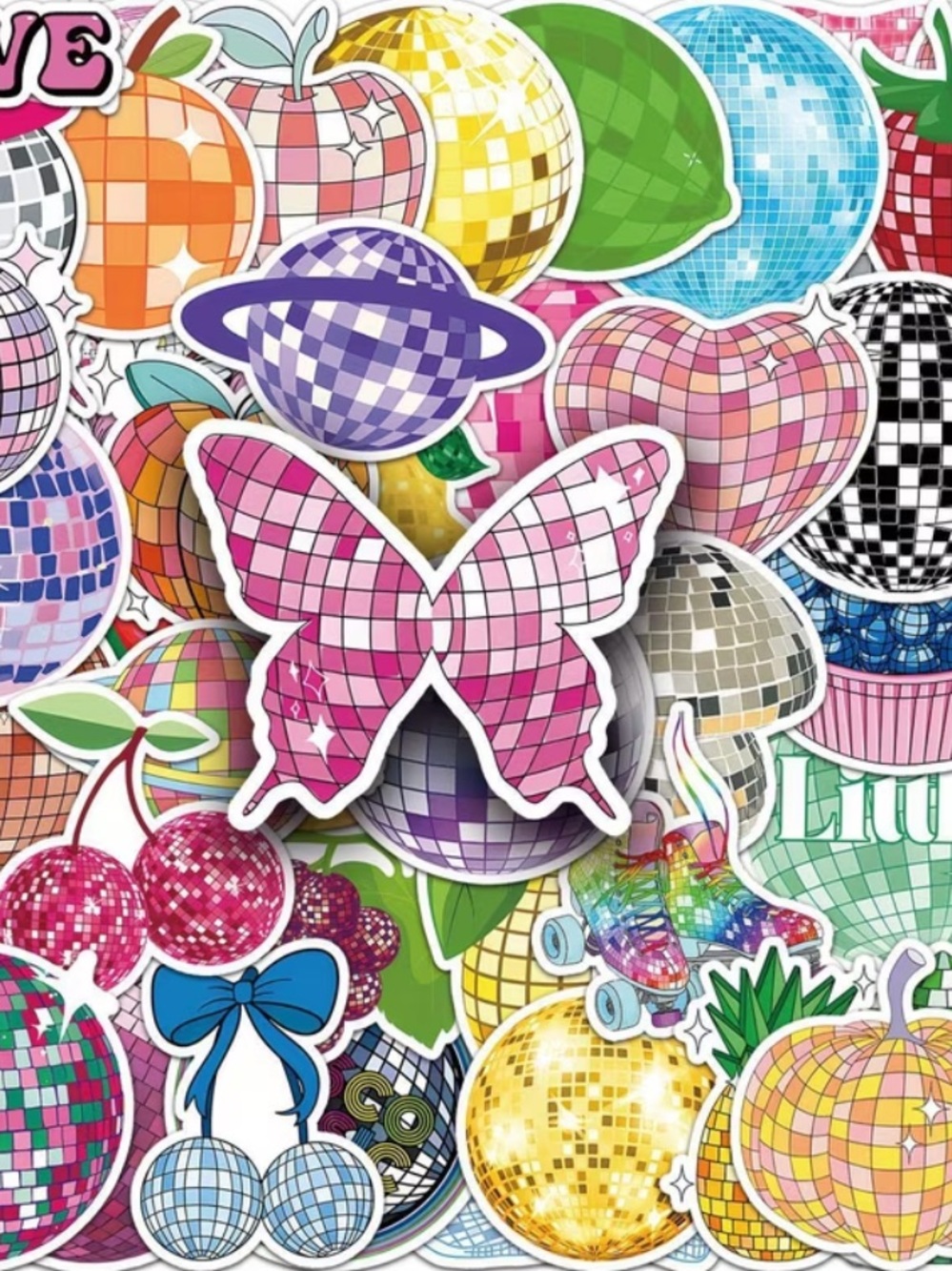 50 Disco Ball Fruit & Retro Stickers | Colorful Mirror Aesthetic 🪩